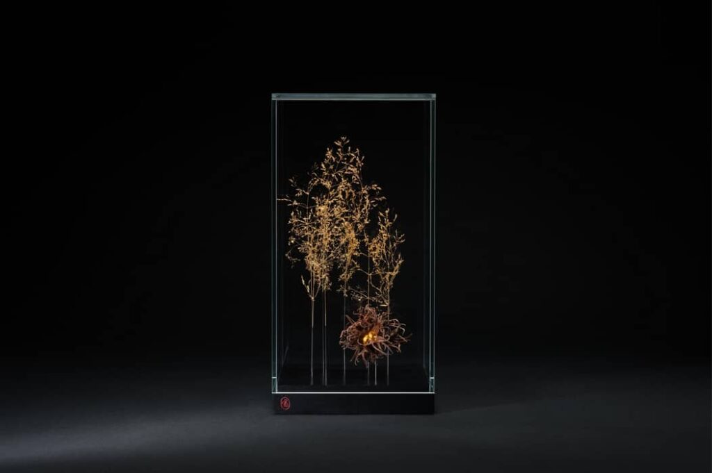 # À la source : Œuvre composée d'agrostis communes et de noisetier de Byzance