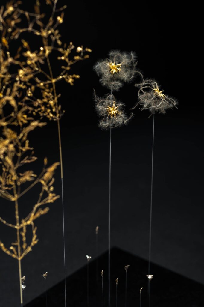 # Pensée vaporeuse : Œuvre composée d'agrostis, de fleurs de clématite des haies et de bourse à pasteur