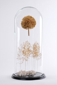 # culture sauvage : fleur de poireau et brins d'herbes folles dorés à la feuille d'or, lichens blancs. Éclairage intégré. Sculpture avec une fleur de poireau et brins d'herbes folles dorés à la feuille d'or